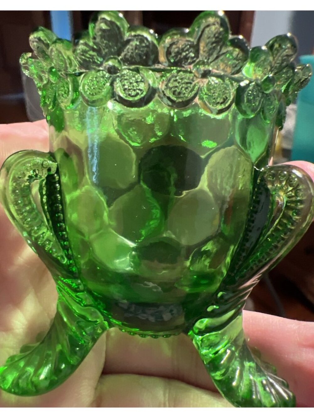Degenhart Art Glass Gorgeous Green Forget Me Not Toothpick Holder Excellent 3"T